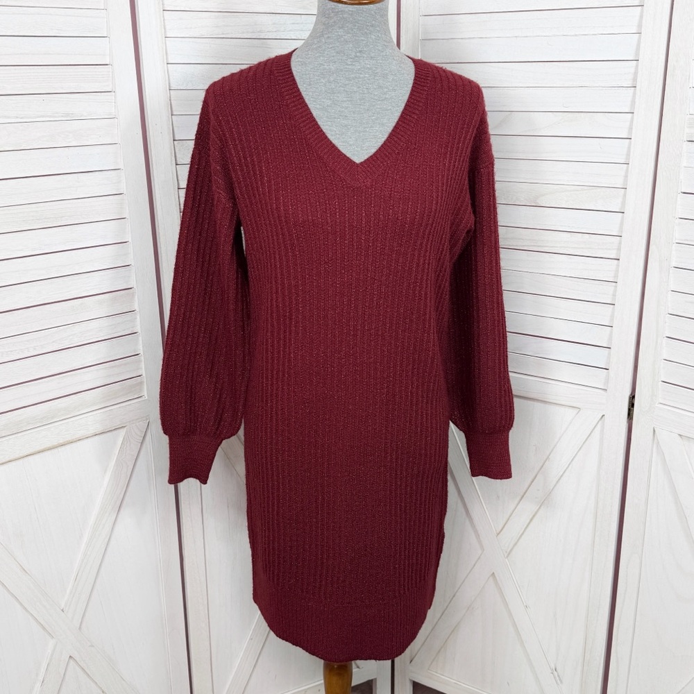Nine West Metallic Shimmer Knit Balloon Sleeve Sweater Dress Burgundy Red Small